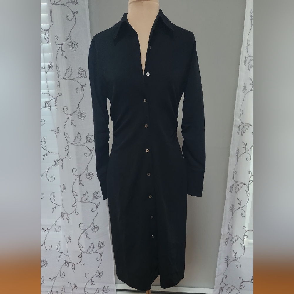Vintage BANANA REPUBLIC Long Black Bodycon Shirtdress Sz 4 Button Up Gorgeous!